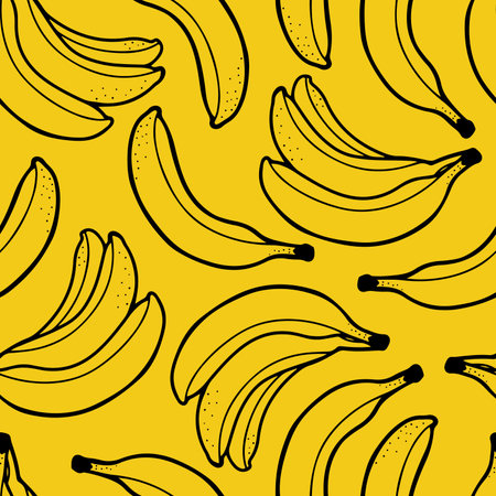 Hand drawn vector seamless pattern with outlined bananas in line style on a yellow backgroundのイラスト素材