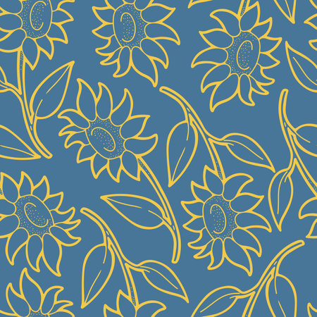 Hand drawn vector seamless pattern with outlined contour yellow sunflowers on a blue backgroundのイラスト素材