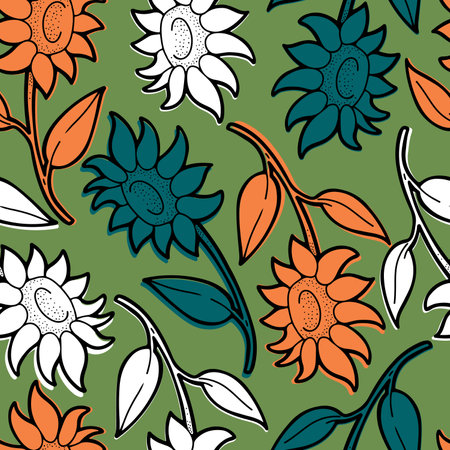 Hand drawn vector seamless pattern with outlined sunflowersのイラスト素材