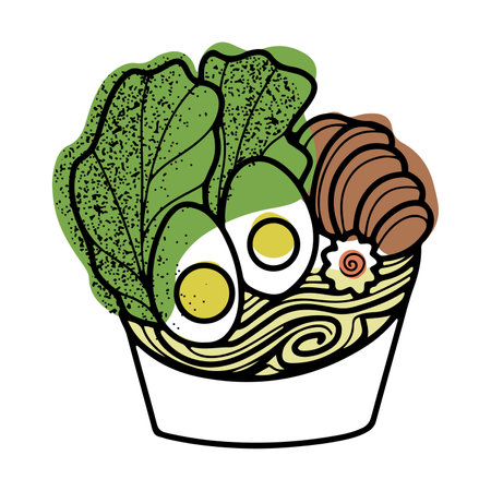 Hand drawn Japanese cuisine ramen soup with noodles, isolated vector illustration in line doodle designのイラスト素材