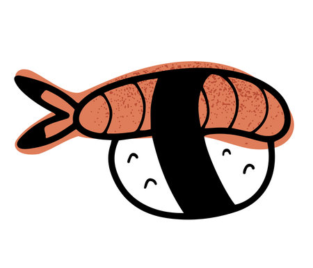 Hand drawn nigiri sushi with shrimp in line doodle style, japanese cuisine. Isolated vector illustration.のイラスト素材