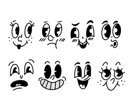 Hand drawn set with cute faces in vintage style, line doodle design. Isolated vector illustrationのイラスト素材