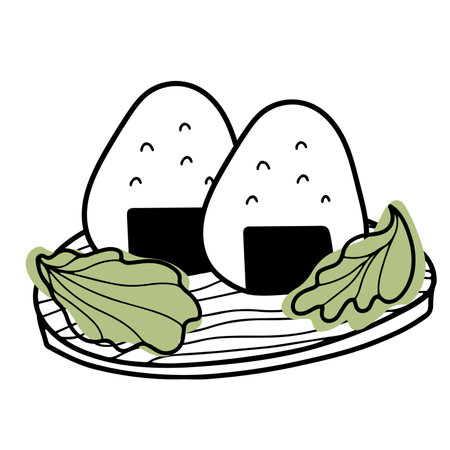 Hand drawn rice onigiri on a wooden plate with salad, japanese food. Isolated vector illustration in line doodle designのイラスト素材