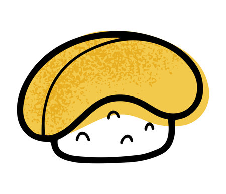 Hand drawn nigiri sushi with omelet in line doodle style, Japanese cuisine. Isolated vector illustration.のイラスト素材