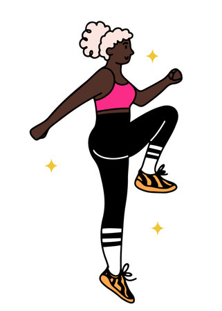 Hand drawn beautiful black girl exercising and doing high knees. Isolated vector illustration in outlined designのイラスト素材
