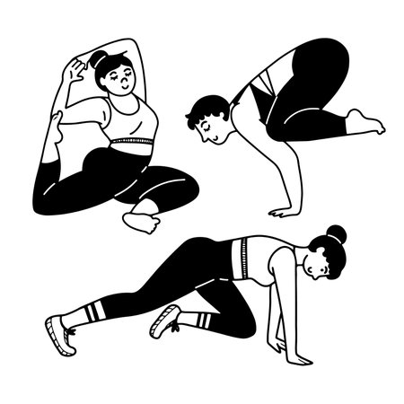 Hand drawn set with three women doing yoga and exercises, isolated vector illustration in line styleのイラスト素材