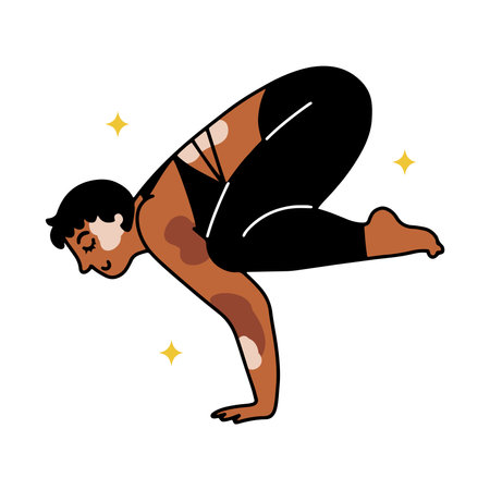 Hand drawn cartoon style woman with vitiligo doing yoga, isolated vector illustration in contour line designのイラスト素材