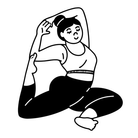 Hand drawn cartoon doodle style woman doing yoga, isolated vector illustration in contour line designのイラスト素材