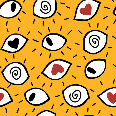 Hand drawn vector seamless pattern with quirky and funny looking eyes, conceptual design illustrationのイラスト素材