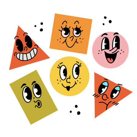 Hand drawn funny shapes and objects with old fashioned vintage smiling faces, isolated vector illustrationのイラスト素材