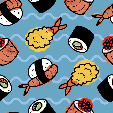 Hand drawn vector seamless pattern with Japanese food sushi, nigiri and maki rollsのイラスト素材