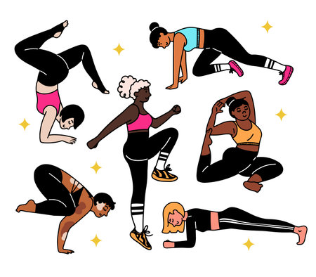 Hand drawn set with women training, doing exercises, performing yoga poses, isolated vector illustration in cartoon line contour designのイラスト素材