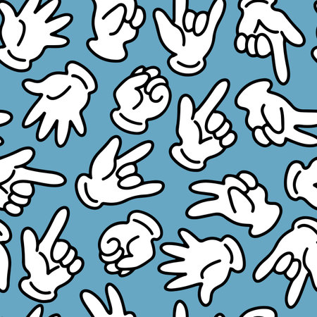 Hand drawn vector seamless pattern with old fashioned retro cartoony hands in white glovesのイラスト素材
