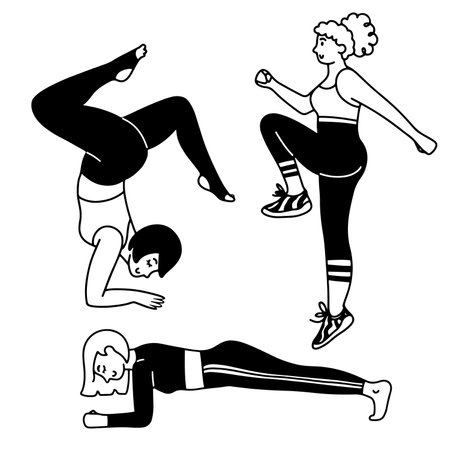Hand drawn set with three women training and doing exercises, isolated vector illustration in line styleのイラスト素材