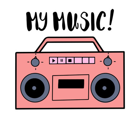 Cool old school boombox, retro cassette player recorder, isolated hand drawn vector illustration in line doodle designのイラスト素材