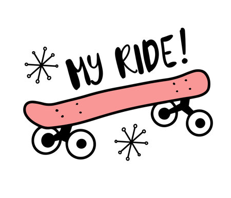 Hand drawn retro pink skateboard in line doodle design, isolated vector illustrationのイラスト素材