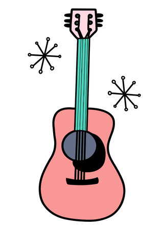 Hand drawn groovy pink guitar in contour doodle design in retro style, isolated vector illustrationのイラスト素材