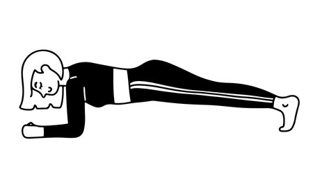 Hand drawn girl doing plank exercise, isolated vector illustrationのイラスト素材