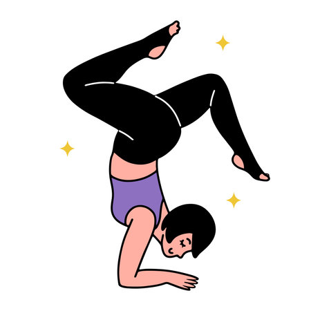 Hand drawn doodle style woman doing a hand stand balance pose, exercising and training. Isolated vector illustrationのイラスト素材