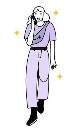 Hand drawn young adult or teenage girl walking and talking on mobile phone, outlined isolated vector illustration in line designのイラスト素材