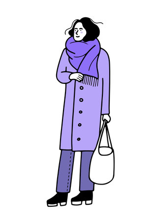 Hand drawn woman, young adult standing in long outwear coat with warm scarf, holding a handbag, outlined isolated vector illustration in line designのイラスト素材