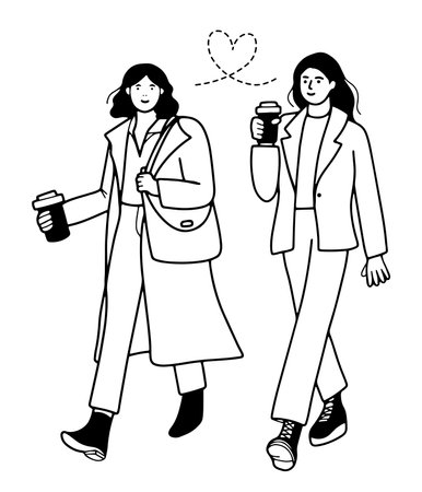Hand drawn girl and girl couple, walking together, drinking coffee. Isolated vector illustration in line designのイラスト素材