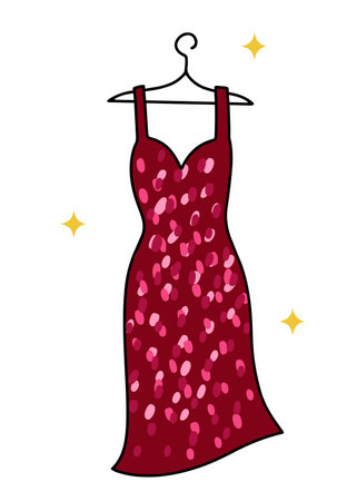 Hand drawn cute red glitter dress for special occasion on a hager, isolated vector illustration in doodle line styleのイラスト素材