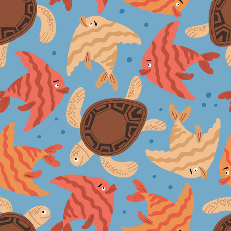 Hand drawn vector seamless pattern with cute turtles and fish in flat designのイラスト素材