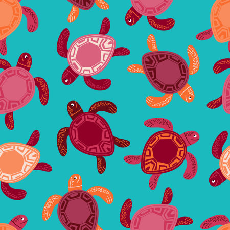 Hand drawn vector seamless pattern with colorful cute little turtles, summer vacation vibesのイラスト素材