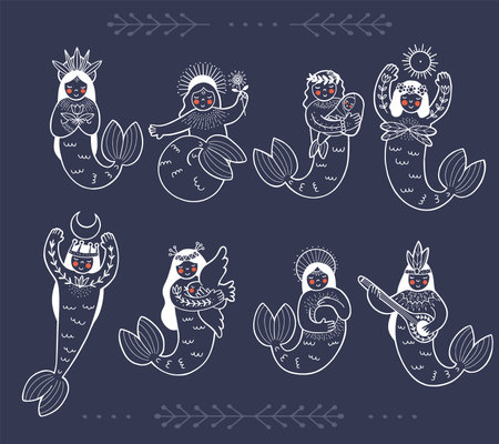 Big set with only line designed folklore mermaids in cute doodle style, isolated vector illustration on a deep blue backgroundのイラスト素材