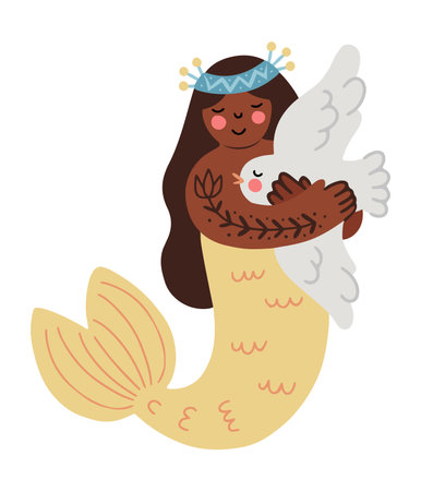 Hand drawn cute folk mermaid hugging a seagull, isolated vector illustration in flat styleのイラスト素材