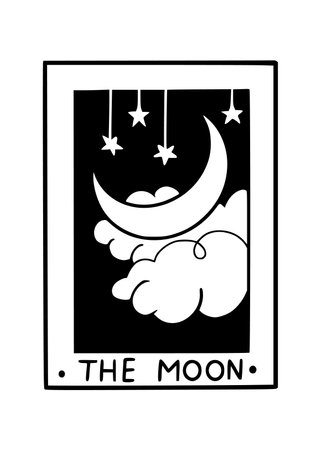 Hand drawn Tarot Moon card in doodle line design, isolated vector illustration with white backgroundのイラスト素材