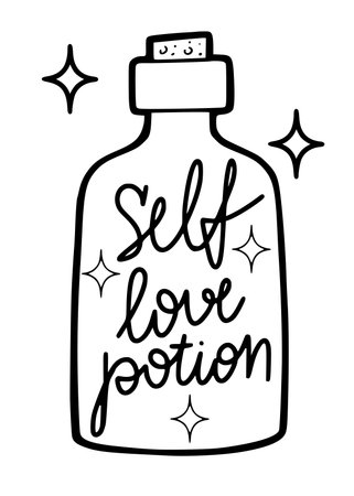 Hand drawn in doodle line style bottle with self love potion,isolated vector illustration with white backgroundのイラスト素材