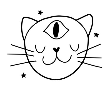 Hand drawn funny cat with third eye on the forehead, isolated on white background vector illustration in doodle line artのイラスト素材