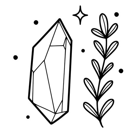 Hand drawn crystal with a magical herb, isolated vector illustration in line doodle style, isolated with white backgroundのイラスト素材