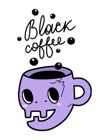 Hand drawn funny skull mug or a cup with black coffee, isolated vector illustration in outline styleのイラスト素材