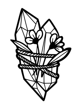 Hand drawn two magical crystals tied together with dry herbs, isolated vector illustration in line design with white backgroundのイラスト素材