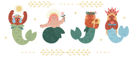 Hand drawn set with four cute diverse mermaids with folk symbols, isolated vector illustration in flat styleのイラスト素材