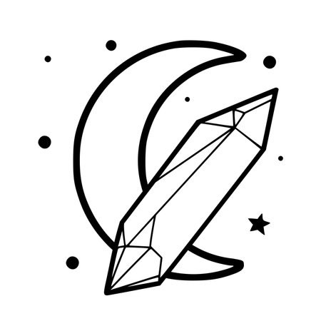 Hand drawn crystal with crescent moon, isolated vector illustration in line doodle style, isolated with white backgroundのイラスト素材