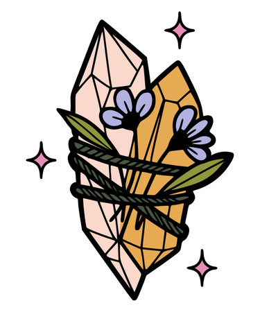 Cute hand drawn magical herbs knitted with witch crystals, isolated vector illustration on white backgroundのイラスト素材