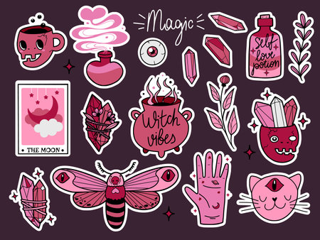 Hand drawn set with esoteric and fantasy wiccan stickers, isolated vector illustration in colored doodle design with outline on a dark backgroundのイラスト素材