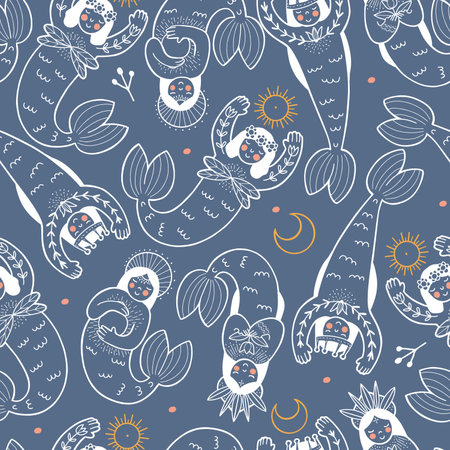 Hand drawn vector seamless pattern with cute folk art mermaids in line doodle styleのイラスト素材