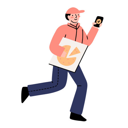 Hand drawn pizza delivery guy with a smartphone, checking online order status. Isolated vector illustration in flat doodle styleのイラスト素材