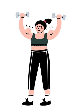 Hand drawn strong girl holding dumbbells, showing muscles, isolated vector illustration in flat doodle designのイラスト素材