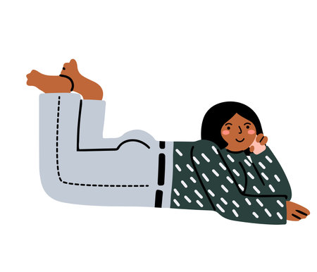 Hand drawn in flat design girl lying down and talking on the phone, isolated vector illustration in doodle designのイラスト素材