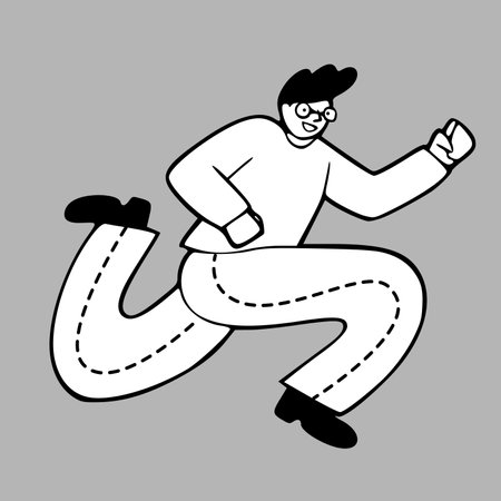 Hand drawn doodle running man programmer developer in jeans in  outline style, concept of sprint performance at work, isolated vector illustrationのイラスト素材