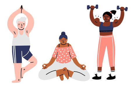 Hand drawn cute flat doodle style people doing yoga, meditating and lifting weights. Isolated vector illustrationのイラスト素材