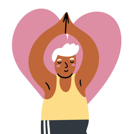 Cute hand drawn senior in sporting clothes practicing yoga and gratitude, isolated vector illustration in flat doodle styleのイラスト素材