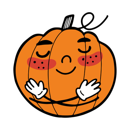 Adorable hugging pumpkin hand drawn in retro cartoon design, isolated vector illustration in contour styleのイラスト素材