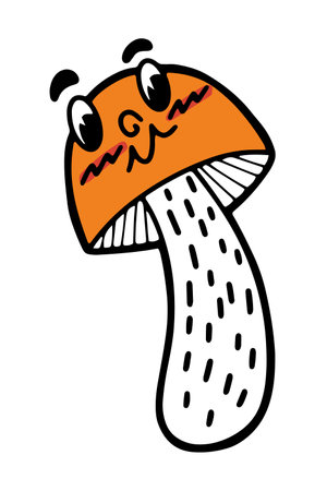 Adorable mushroom hand drawn in retro cartoon design, isolated vector illustration in contour styleのイラスト素材
